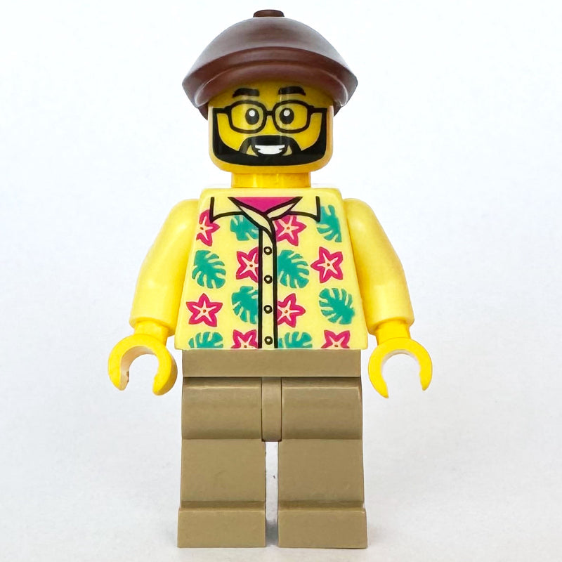 fig-015224 – Man, Bright Light Yellow Hawaiian Shirt, Dark Tan Legs, Reddish Brown Flat Cap