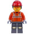 fig-015229 – Construction Worker, Reddish Orange Jacket, Red Hard Hat with Ponytail