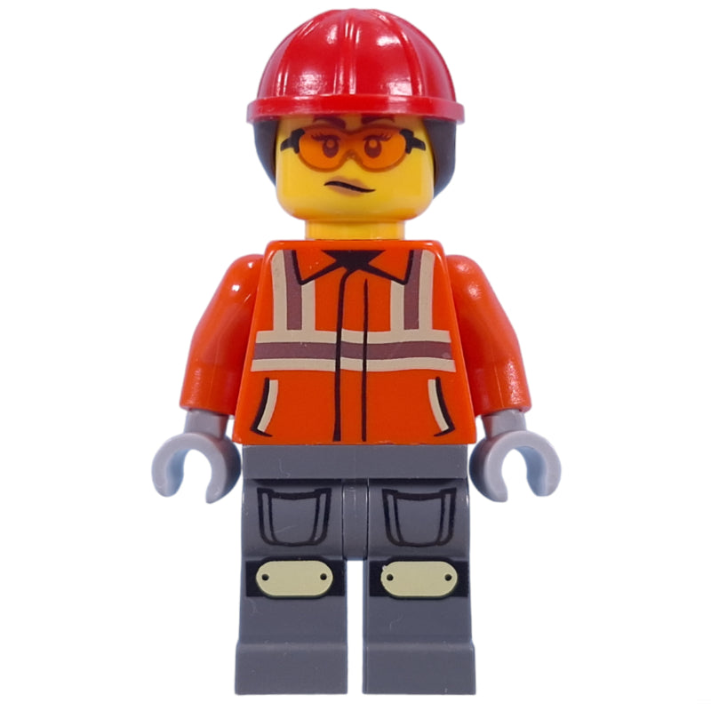 fig-015229 – Construction Worker, Reddish Orange Jacket, Red Hard Hat with Ponytail