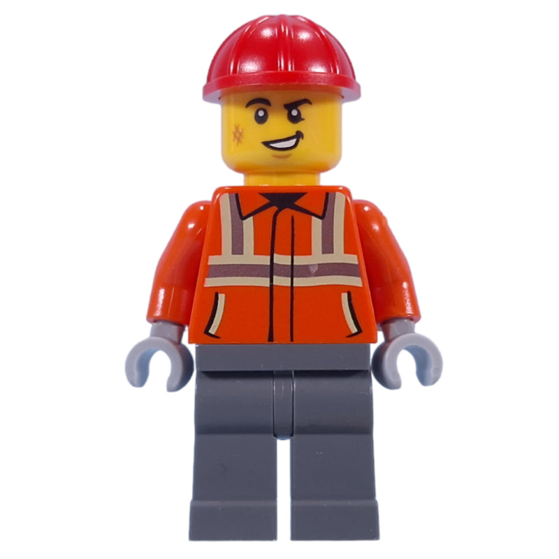 fig-015230 – Construction Worker, Reddish Orange Jacket, Red Hard Hat