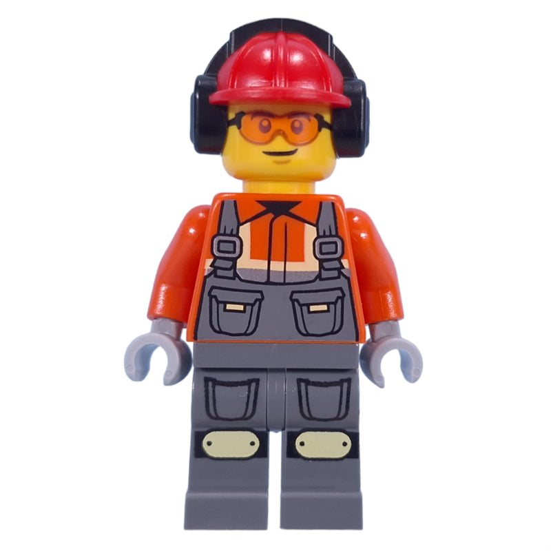 fig-015231 – Construction Worker, Reddish Orange Jacket, Overall, Red Hard Hat with Ear Protection
