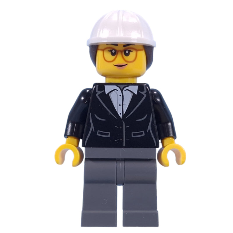 fig-015232 – Construction Supervisor, Black Jacket, White Hard Hat with Ponytail