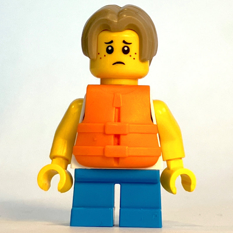 fig-015241 – Kid, White Torso, Dark Azure Legs, Dark Tan Hair, Orange Life Vest