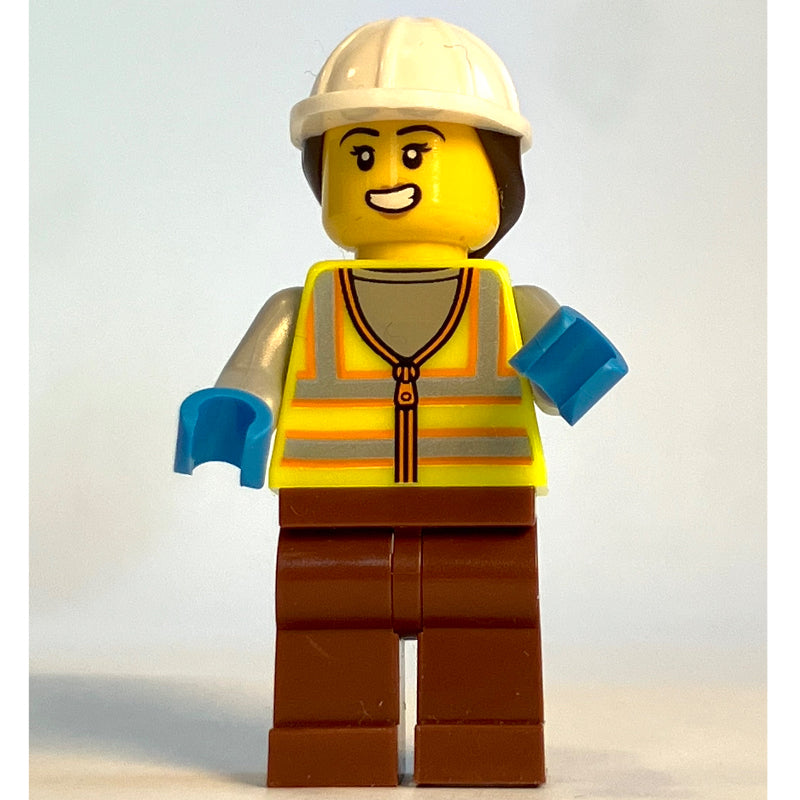 fig-015245 – Harbor Worker, Vibrant Yellow Safety Vest, Reddish Brown Legs, White Helmet with Ponytail, Orange Life Vest