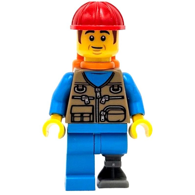 fig-015278 – Train Work, Dark Tan Torso, Dark Azure Legs, Prosthetic Leg, Red Hat, Orange Air Tanks