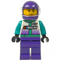 fig-015347 – Race Driver, Dark Turquoise, White, and Dark Purple Race Suit, Dark Purple Helmet