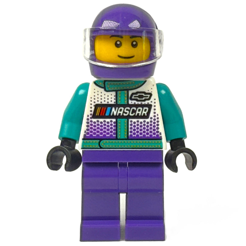 fig-015347 – Race Driver, Dark Turquoise, White, and Dark Purple Race Suit, Dark Purple Helmet
