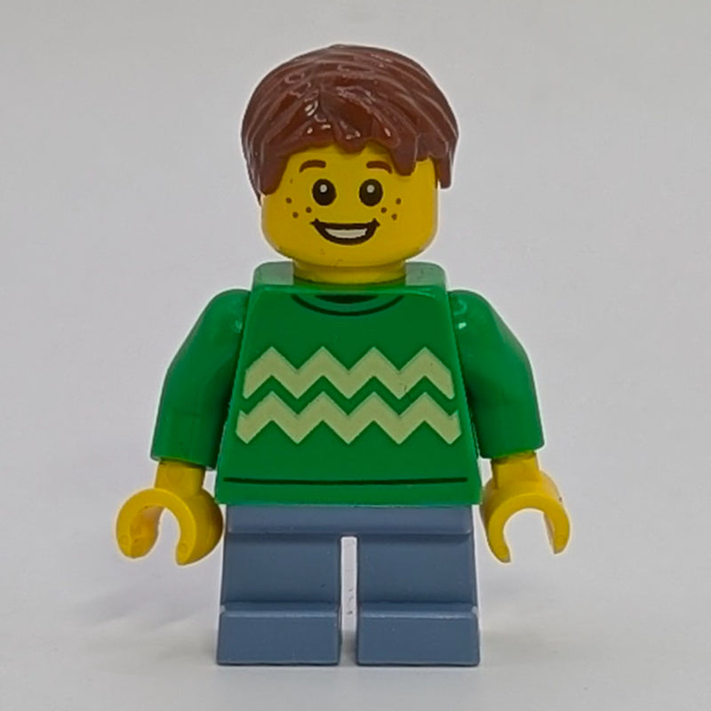 fig-015352 – Boy, Bright Green Sweater, Short Sand Blue Legs