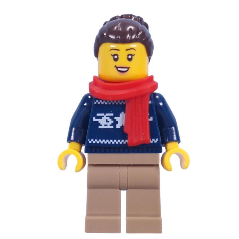 fig-015470 – Dark Blue Sweater, Dark Tan Legs, Dark Brown Hair, Red Scarf