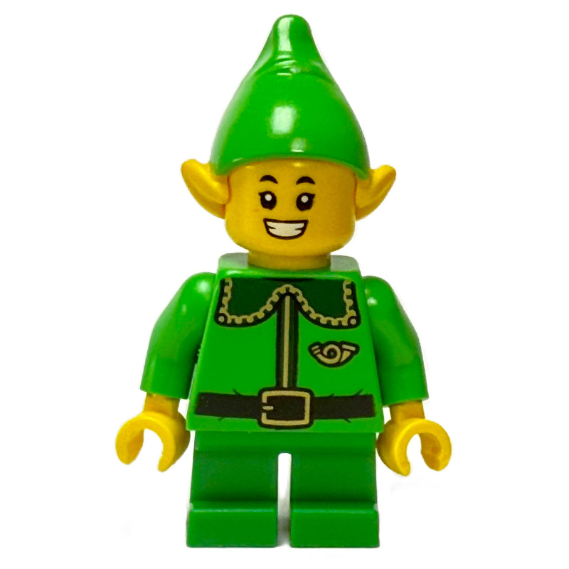 fig-015556 – Elf / Postal Elf - Bright Green Torso, Green Legs, Bright Green Hat, Dark Green Collar, Teeth Smile