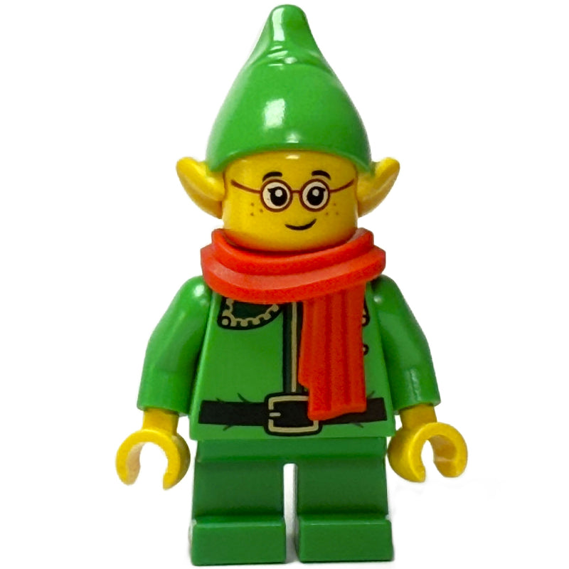 fig-015561 – Elf / Postal Elf - Bright Green Torso, Green Legs, Bright Green Hat, Dark Green Collar, Red Scarf
