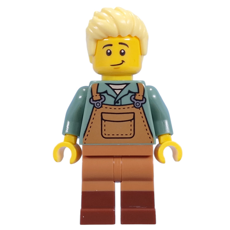 fig-015621 – Gardener, Sand Blue Torso, Medium Nougat Apron, Bright Light Yellow Hair