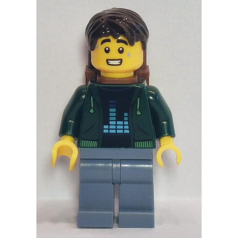 fig-015633 – Passenger, Dark Green Torso, Sand Blue Legs, Dark Brown Hair, Backpack