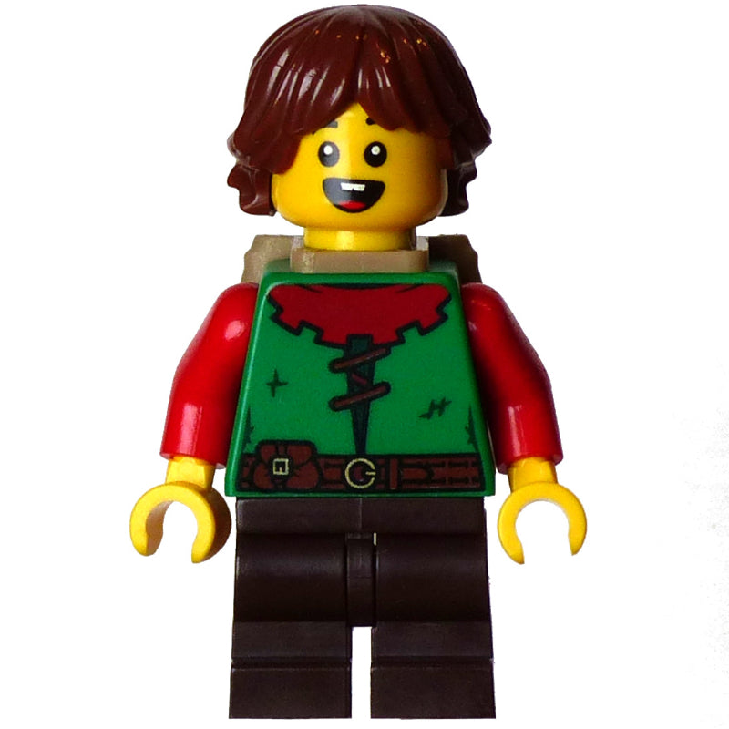 fig-015646 – Elf, Green Torso, Dark Brown Legs, Reddish Brown Hair, Backpack