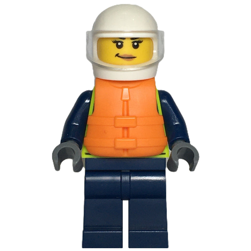 fig-015730 – Police Officer, Vibrant Yellow Safety Vest, Dark BLue Legs, Orange Life Vest, White Helmet