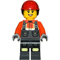 fig-015734 – Construction Worker, Reddish Orange Jacket, Overall, Red Hard Hat with Hair