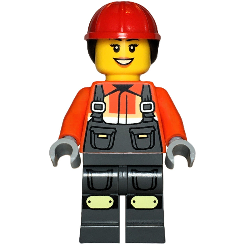 fig-015734 – Construction Worker, Reddish Orange Jacket, Overall, Red Hard Hat with Hair