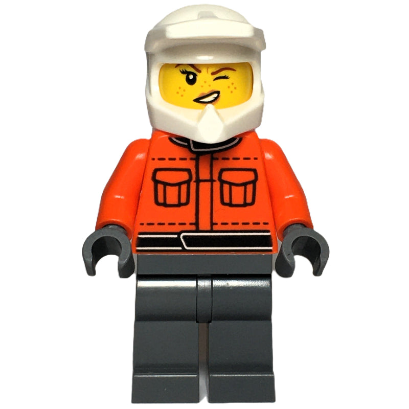 fig-015935 – Pit Crew, Reddish Orange Torso, Dark Bluish Grey Legs, Female, Wink