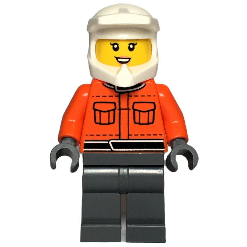 fig-015936 – Pit Crew, Reddish Orange Torso, Dark Bluish Grey Legs, Female, Smile
