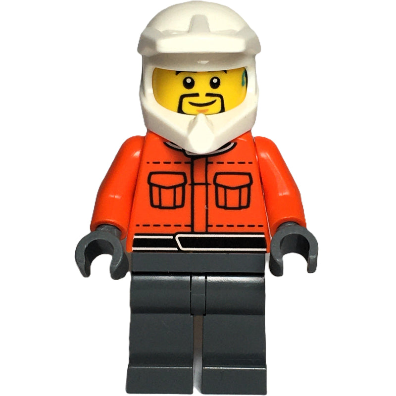 fig-015937 – Pit Crew, Reddish Orange Torso, Dark Bluish Grey Legs, Male, Black Beard