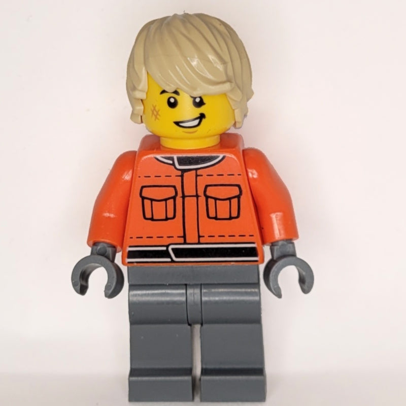 fig-015946 – Pit Crew, Reddish Orange Torso, Dark Bluish Grey Legs, Tan Hair