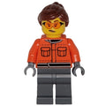 fig-015947 – Pit Crew, Reddish Orange Torso, Dark Bluish Grey Legs, Female, Reddish Brown Hair
