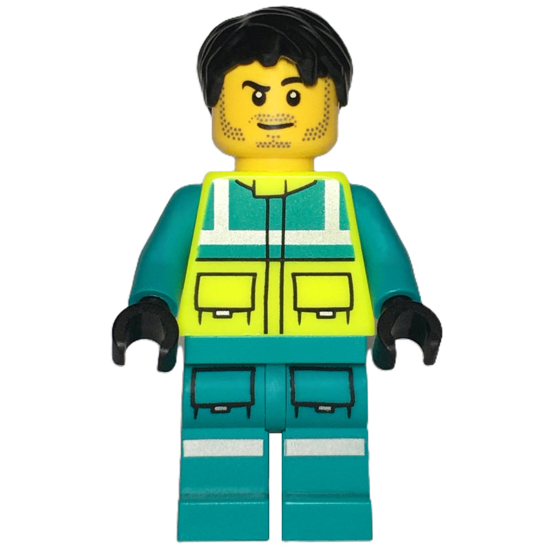fig-015979 – Paramedic, Vibrant Yellow Safety Vest, Dark Turquoise Legs, Black Hair
