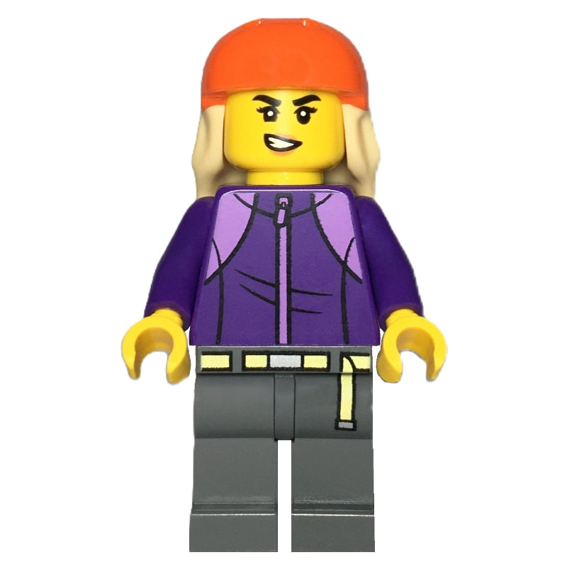 fig-015980 – Skateboarder, Dark Purple Torso, Dark Bluish Grey Legs, Reddish Orange Helmet