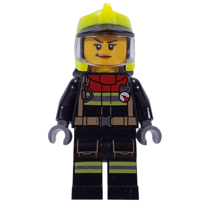 fig-015988 – Firefighter, Black Fire Suit, Vibrant Yellow Helmet, Visor