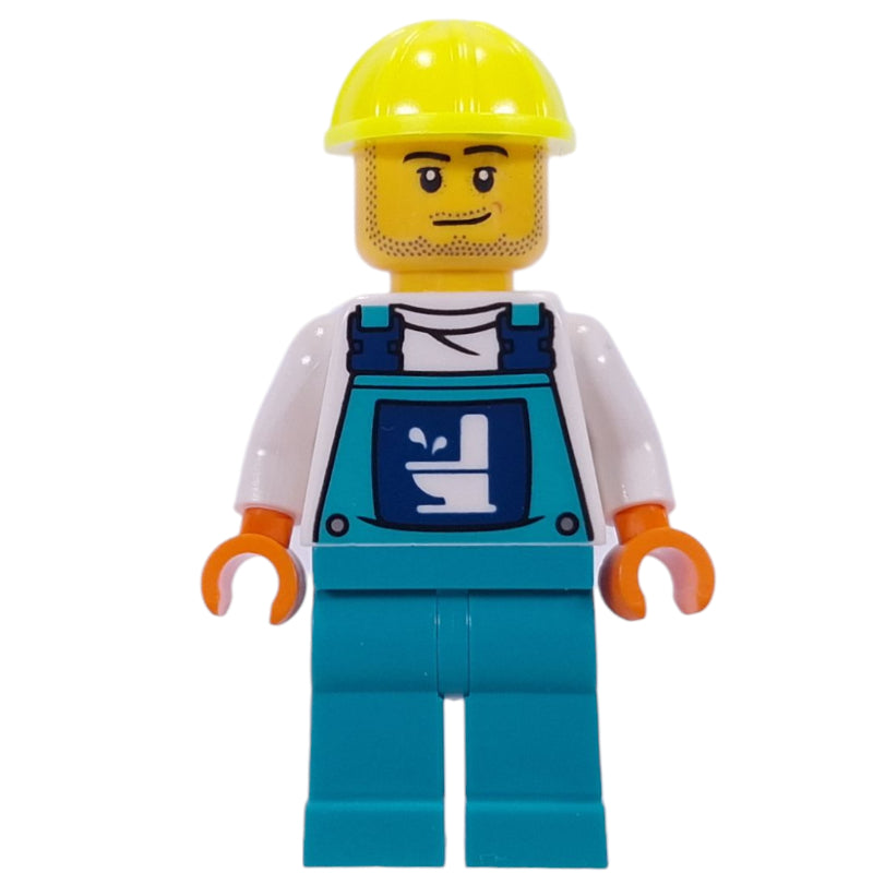 fig-015992 – Plumber, White Shirt, Dark Turquoise Overall, Vibrant Yellow Hat