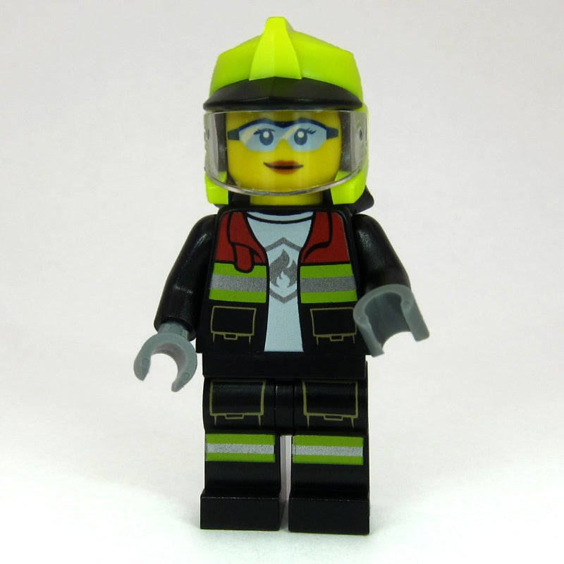 fig-015995 – Firefighter, Black Fire Suit, Vibrant Yellow Standard Helmet, Visor, Goggles
