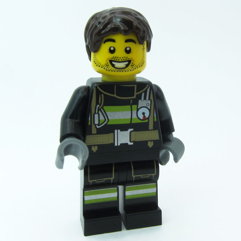 fig-015999 – Firefighter, Black Fire Suit, Dark Brown Hair
