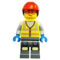 fig-016127 – Workshop Mechanic, Vibrant Yellow Safety Vest, Dark Bluish Grey Legs, Red Cap, Orange Safety Glasses