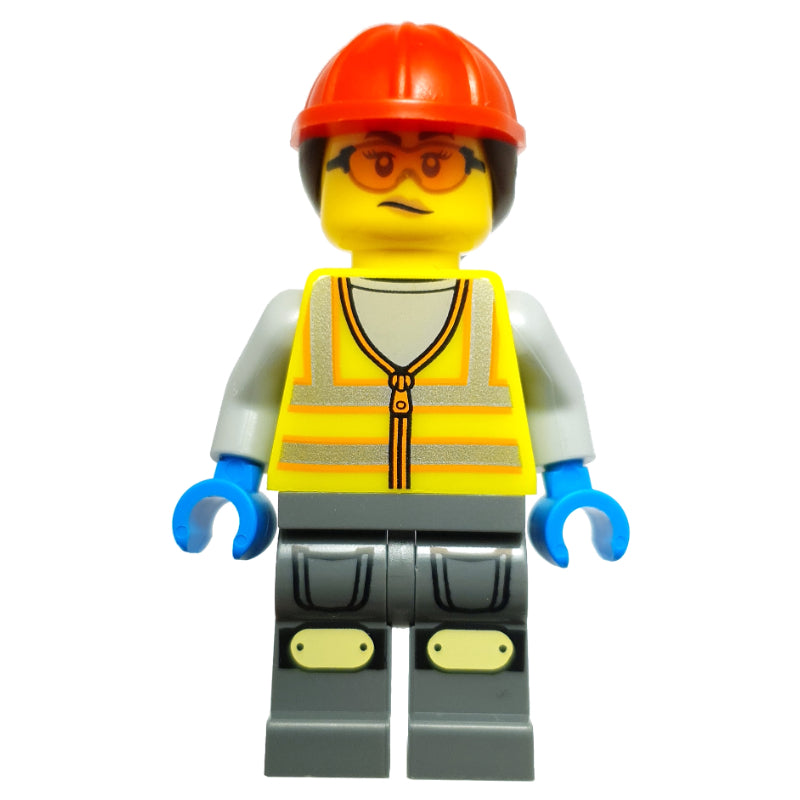 fig-016127 – Workshop Mechanic, Vibrant Yellow Safety Vest, Dark Bluish Grey Legs, Red Cap, Orange Safety Glasses