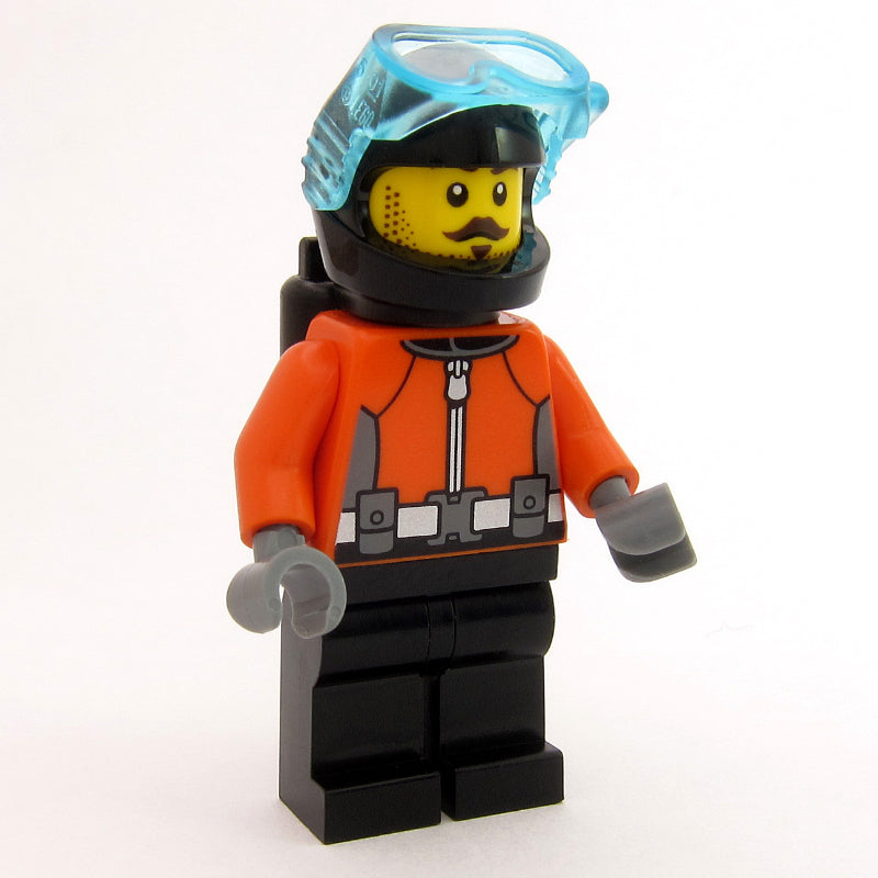 fig-016180 – Aaron Apnea, Diver, Reddish Orange Wetsuit, Black Legs, Black Helmet, Moustache