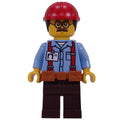 fig-016320 – Construction Worker, Ted Brickle, Bright Light Blue Shirt, Reddish Brown Legs, Dark Orange Belt, Red Helmet