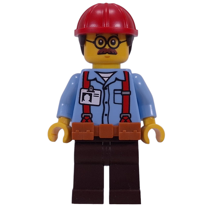 fig-016320 – Construction Worker, Ted Brickle, Bright Light Blue Shirt, Reddish Brown Legs, Dark Orange Belt, Red Helmet
