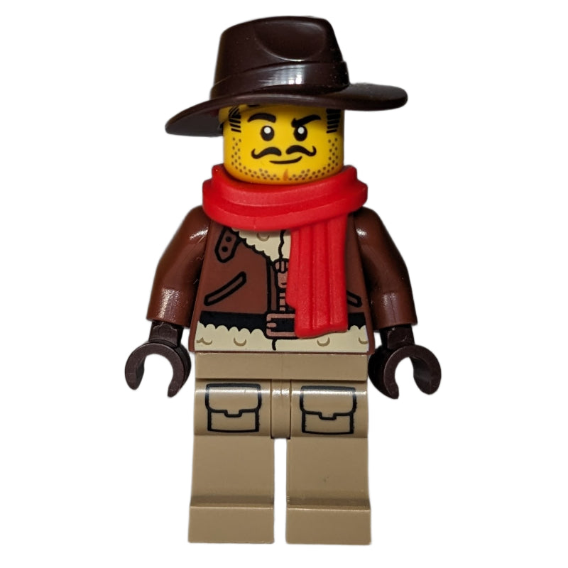 fig-016336 – Explorer, Reddish Brown Jacket, Dark Brown Hat, Red Scarf