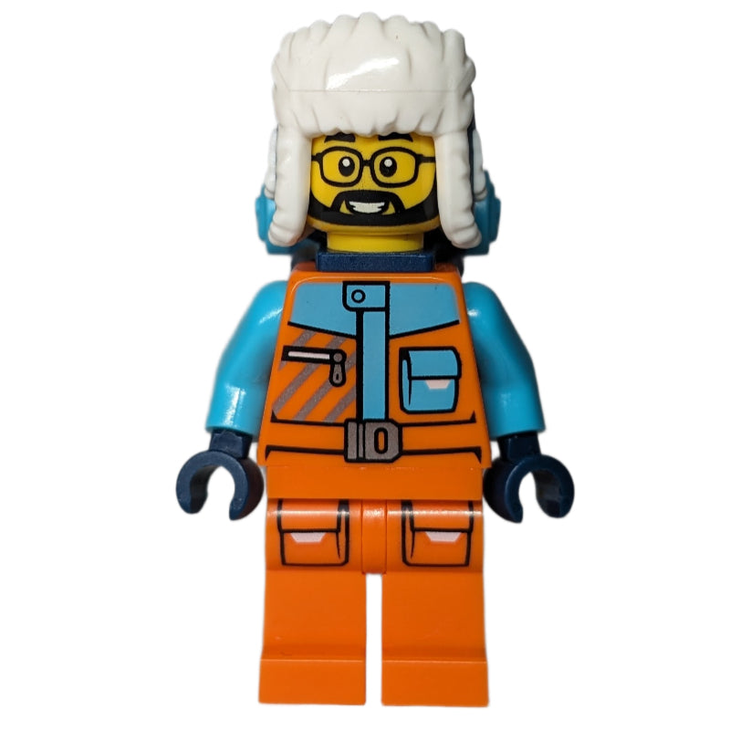 fig-016337 – Arctic Explorer, STEVEGOESNORTH, Orange Suit, Dark Blue Hat and Backpack