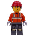 fig-016346 – Construction Worker, Reddish Orange Safety Jacket, Dark Bluish Gray Legs, Red Helmet