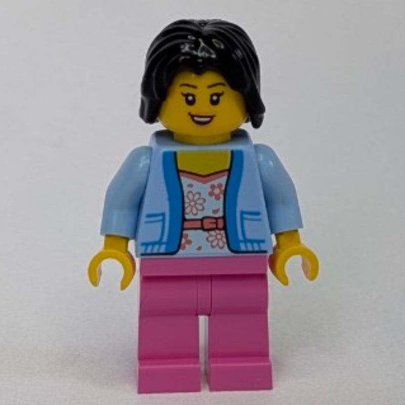 fig-016388 – Woman, Bright Light Blue Sweater, Dark Pink Legs