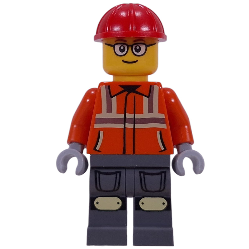 fig-016389 – Construction Worker, Reddish Orange Safety Jacket, Overalls, Red Helmet