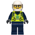 fig-016448 – Police Officer, Vibrant Yellow Safety Vest, Dark Blue Legs, White Helmet