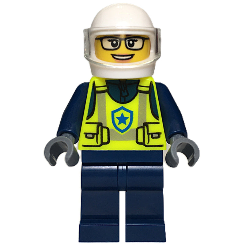 fig-016448 – Police Officer, Vibrant Yellow Safety Vest, Dark Blue Legs, White Helmet