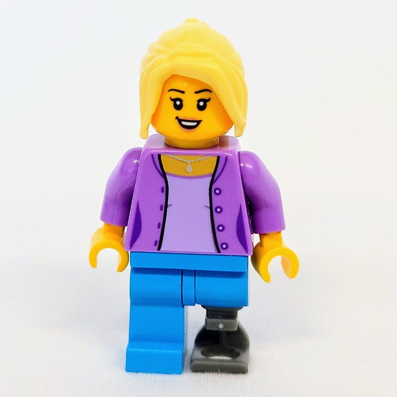fig-016582 – Medium Lavender Torso, Dark Azure Leg, Prosthetic Leg, Bright Light Yellow Hair