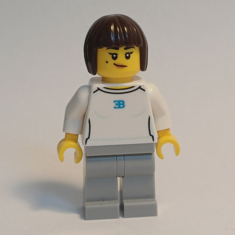 fig-016656 – Race Driver, White Shirt, Light Bluish Gray Legs, Dark Brown Hair