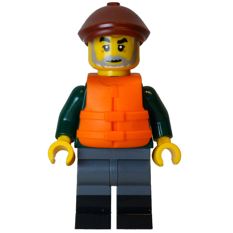 fig-016708 – Fisher Man, Dark Green Torso, Dark Bluish Grey Legs, Reddish Brown Cap, Life Vest