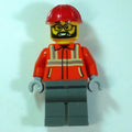 fig-016943 – Construction Worker, Orange Safety Jacket, Dark Bluish Grey Legs, Red Hard Hat