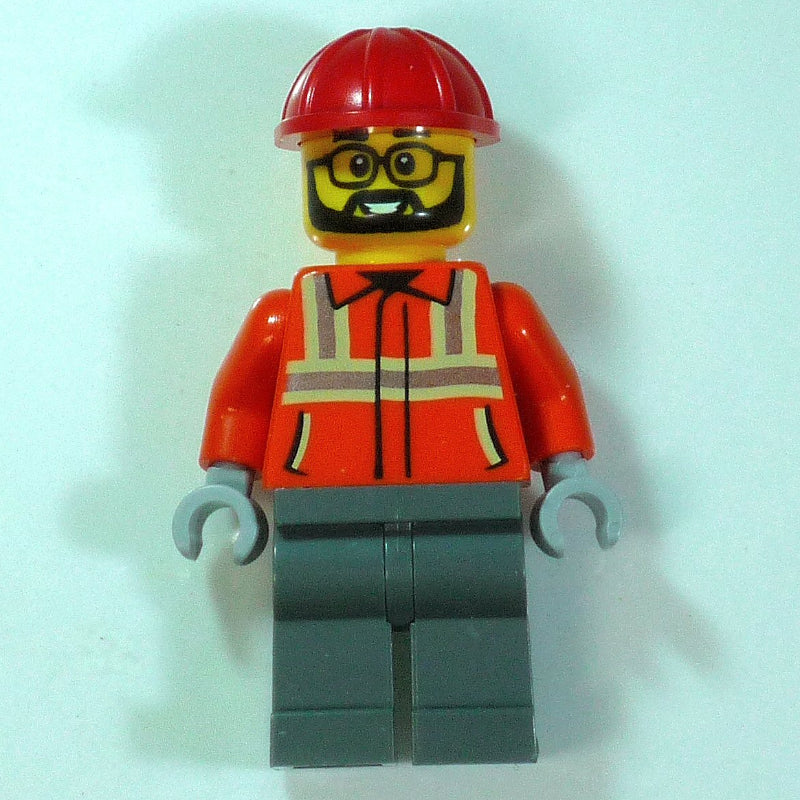 fig-016943 – Construction Worker, Orange Safety Jacket, Dark Bluish Grey Legs, Red Hard Hat