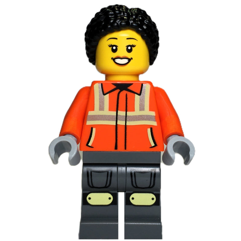 fig-017218 – Construction Worker, Orange Safety Jacket, Dark Bluish Grey Legs, Black Hair